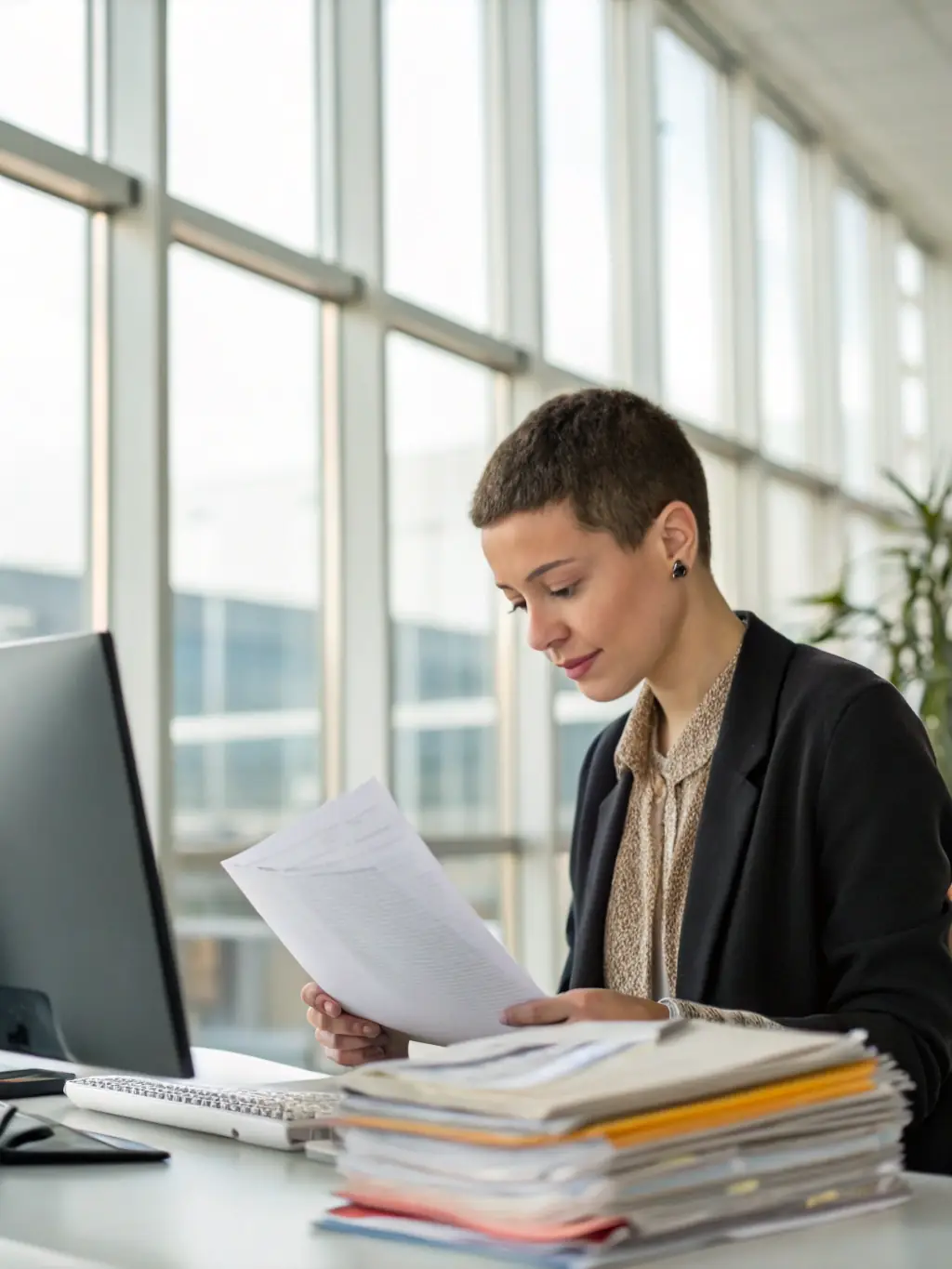 A compliance officer reviewing financial statements and conducting an audit, in a corporate office environment. The image should convey diligence and security.