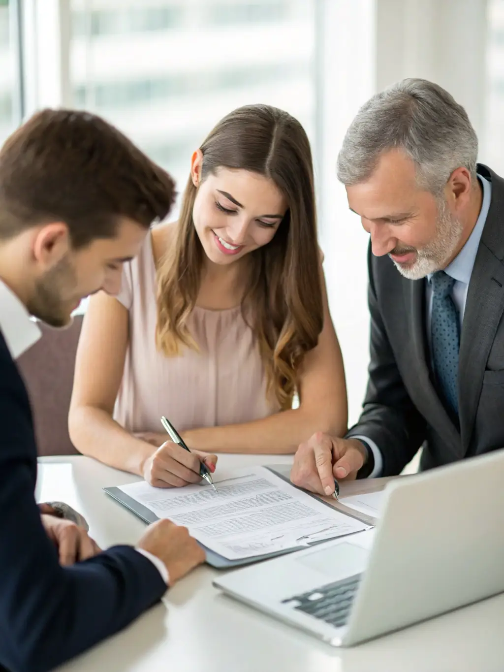 A business owner signing registration documents with a consultant guiding them, in a government office setting. The image should convey ease and efficiency.